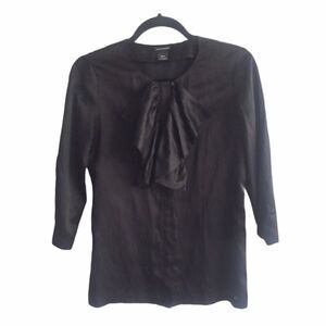 Club MONACO Silk Crew Neck Blouse Ruffle Bib Black XS